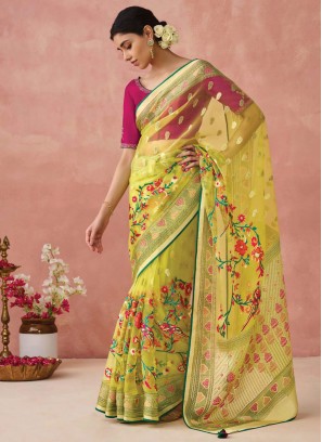 Opulent Print Yellow Brasso Trendy Saree