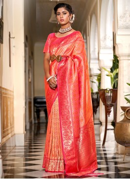 Orange and Pink Banarasi Silk Engagement Designer 