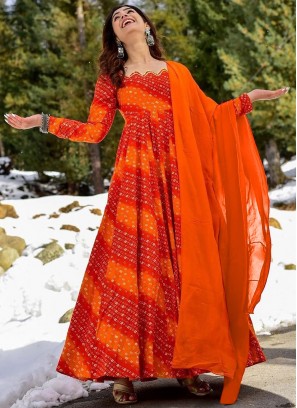 Orange and Red Digital Print Rayon Readymade Gown