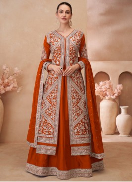 Orange and Rust Chinon Readymade Lehenga Choli