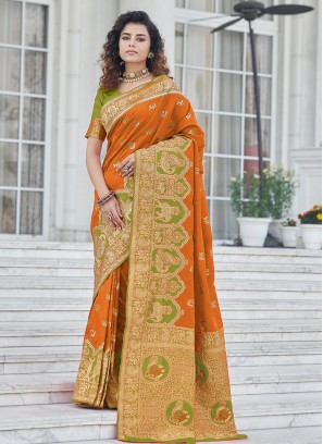 Orange Color Banarasi Silk Traditional Saree