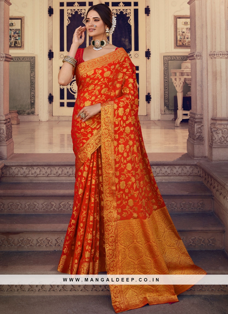 Orange Colour Silk Fabric Designer Wedding Saree.