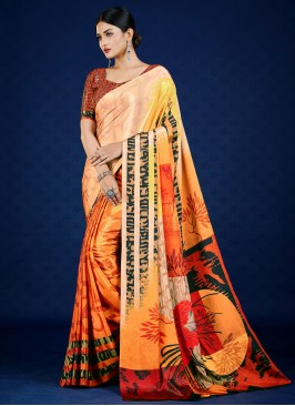 Orange Pure Crepe Casual Designer Saree