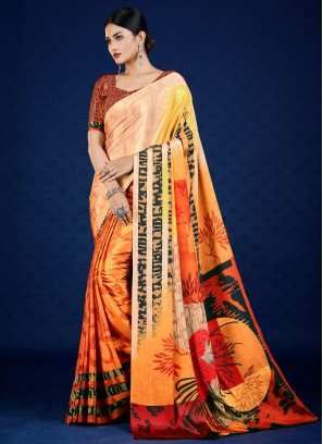 Orange Pure Crepe Casual Designer Saree