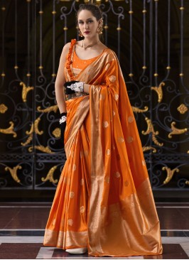 Orange Weaving Satin Silk Trendy Saree