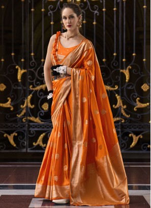 Orange Weaving Satin Silk Trendy Saree