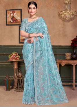 Organza Contemporary Saree in Aqua Blue