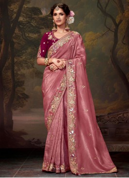 Organza Embroidered Classic Saree in Pink and Rani