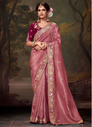 Organza Embroidered Classic Saree in Pink and Rani