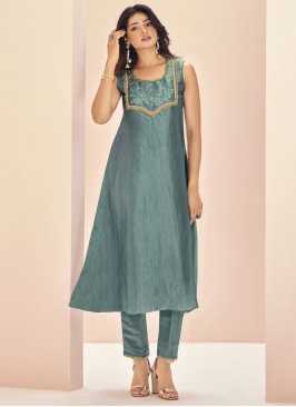 Organza Embroidered Designer Kurti in Blue and Grey