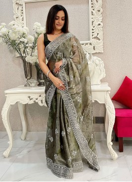 Organza Embroidered Saree in Sea Green