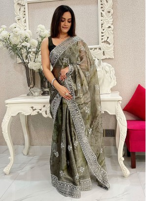 Organza Embroidered Saree in Sea Green