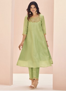 Organza Green Embroidered Casual Kurti