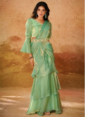 Organza Green Plain Traditional Saree