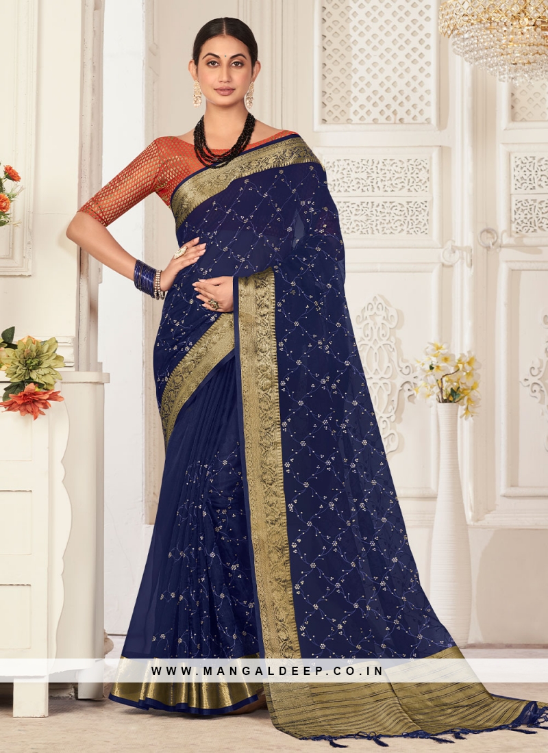 Stunning navy blue reception wear organza saree - G3-WSA51649 |  G3fashion.com