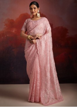 Organza Pink Cutdana Classic Saree