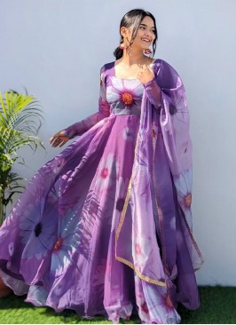 Organza Purple Digital Print Designer Gown