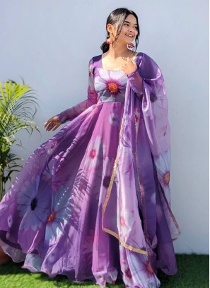 Organza Purple Digital Print Designer Gown