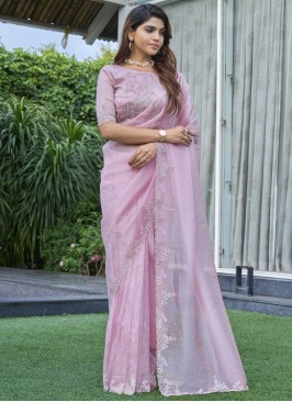 Organza Swarovski Trendy Saree in Pink