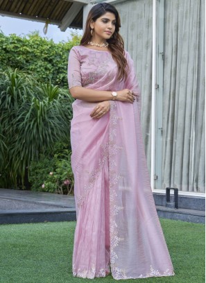 Organza Swarovski Trendy Saree in Pink