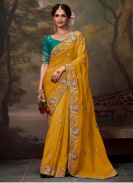 Organza Thread Contemporary Saree in Mustard