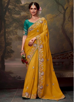 Organza Thread Contemporary Saree in Mustard