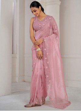 Organza Trendy Saree in Peach and Pink