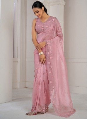 Organza Trendy Saree in Peach and Pink