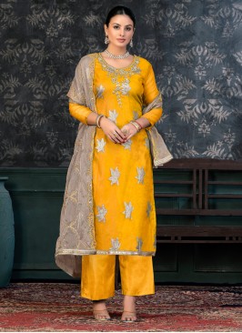 Organza Yellow Handwork Trendy Salwar Suit