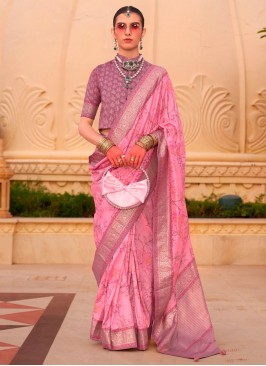 Orphic Pink Floral Print Silk Contemporary Saree