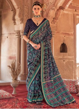 Paisley Print Georgette Contemporary Saree in Navy Blue