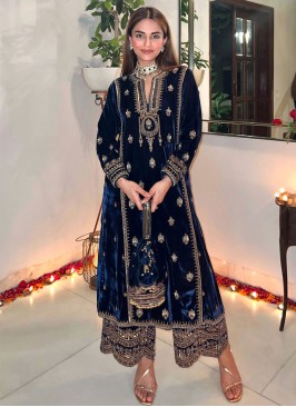 Pakistani Suit Embroidered Velvet in Navy Blue