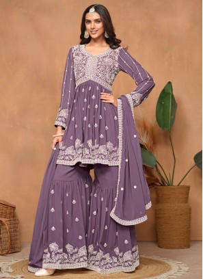 Palazzo Salwar Kameez Embroidered Faux Georgette in Purple
