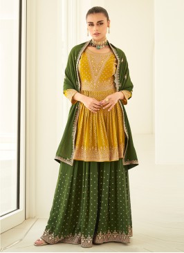 Palazzo Salwar Kameez Embroidered Georgette in Yellow