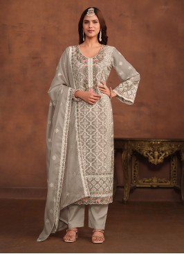 Pant Style Suit Embroidered Organza in Grey