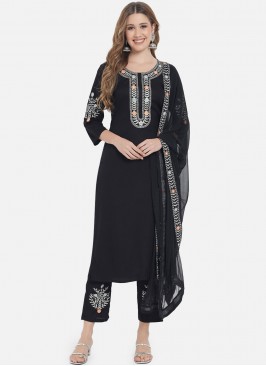 Pant Style Suit Embroidered Rayon in Black