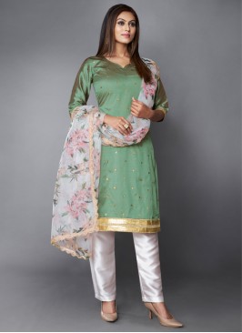 Pant Style Suit Printed Art Silk in Green