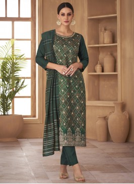 Pant Style Suit Printed Jacquard Silk in Green