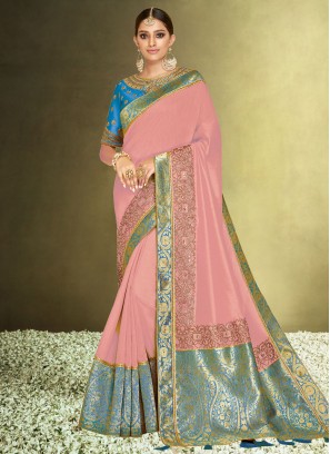 Paramount Border Pink Satin Silk Designer Saree