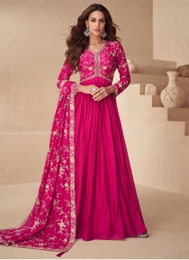 Paramount Pink and Rani Embroidered Silk Readymade Gown