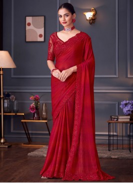 Paramount Silk Embroidered Rani and Red Designer Saree