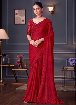 Paramount Silk Embroidered Rani and Red Designer Saree