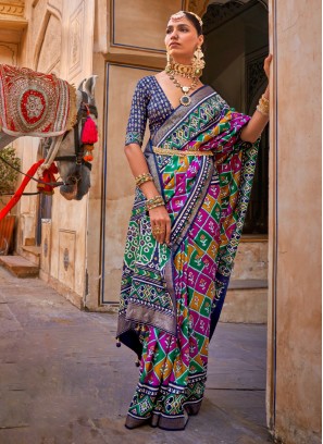 Patola Print Silk Classic Saree in Multi Colour