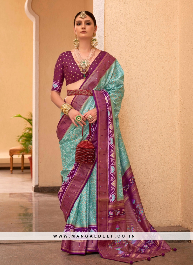 Patola Print Silk Classic Saree in Sea Green