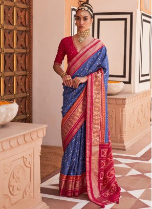 Patola Silk  Weaving Blue Contemporary Saree