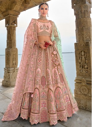 Peach and Pink Bridal Silk Lehenga Choli