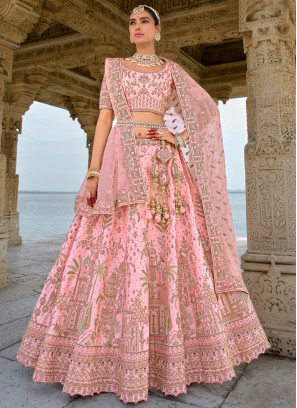 Peach and Pink Bridal Silk Trendy Lehenga Choli