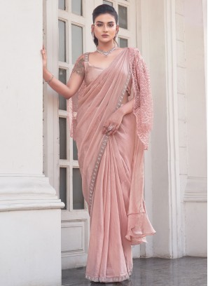 Peach Beads Ceremonial Trendy Saree