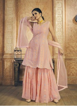 Peach Color Georgette Resham Work Sharara Suit