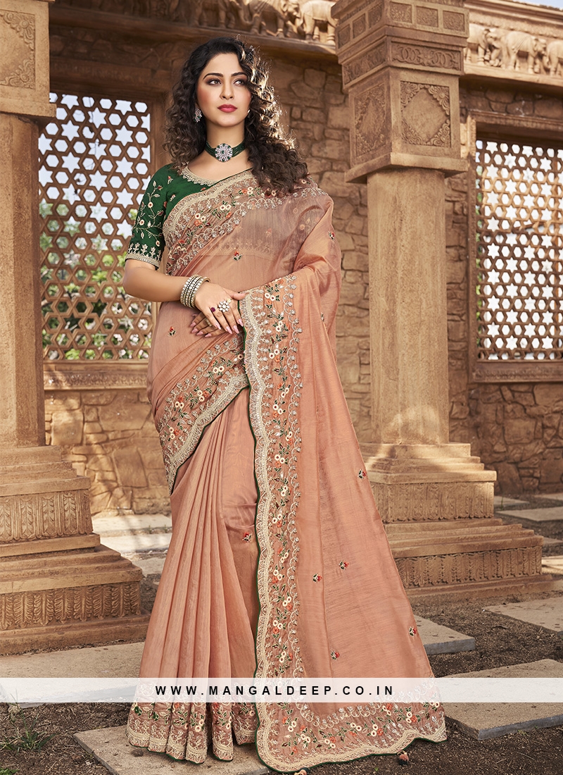 Thread Embroidered Chinon Silk Bottle Green Saree With Peach
